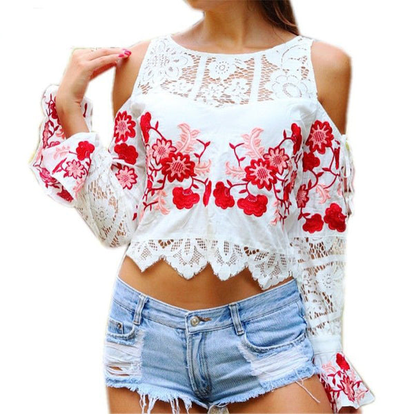 Bell Sleeve Embroidered Top "Cecelia" Bohemian White With Lace And Red & Pink Embroidery Cold Shoulder Midrift Shirt Small Medium Or Large