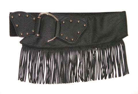 Fringe Belt Boho Black Vegan Leather Studded Waist Cincher Wide Elastic Cowgirl Western Southwestern 4" Fringed Belt With Gold Buckle XS Small Medium Large