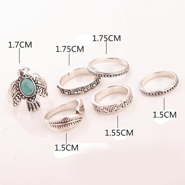 Phoenix & Feather Six Piece Stacking Rings Set Turquoise and Silver Tone Eagle Thunderbird Tribal Thumb And Midi Rings