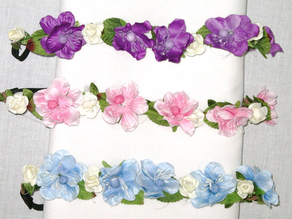 SALE 50% Off Flower Crown Purple Pink Or Blue You Choose Floral Elasticized Headband Be Sure To Wear Hippie Flowers In Your Hair