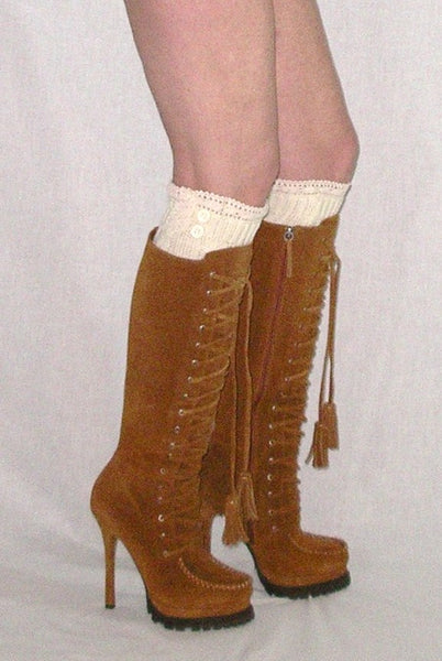Lace Button Boot Cuffs Ivory Boho Boot Toppers With Antique Crochet Lace One Size