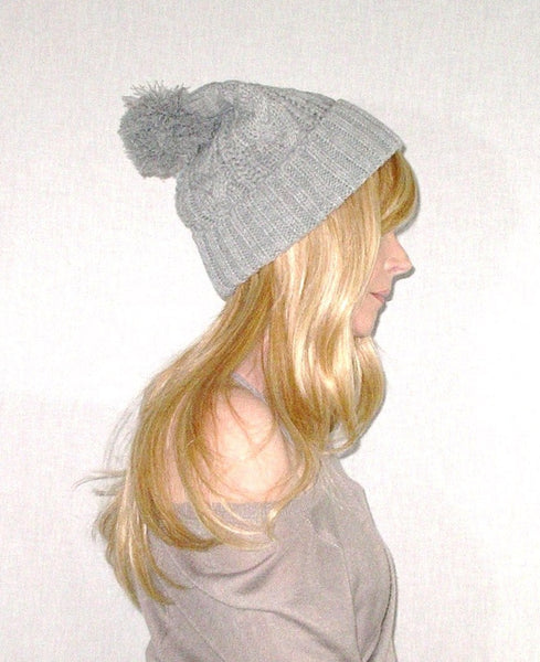 Cable Knit Beanie With Oversize Pom Pom Gray Cuffed Boho Slouch Hat Winter Stocking Cap