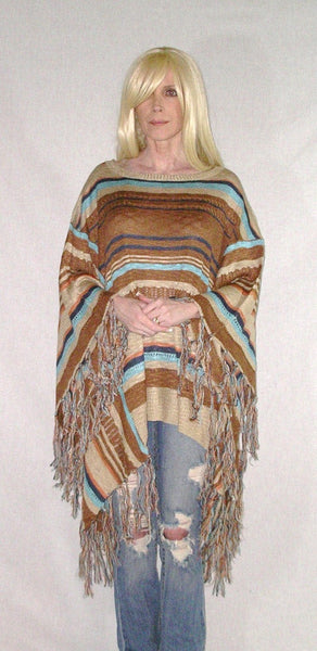 SALE 50% OFF Mexican Blanket Poncho Boho Sweater With Fringe Brown Tan And Turquoise In Sizes XS - Small Or Medium - Large
