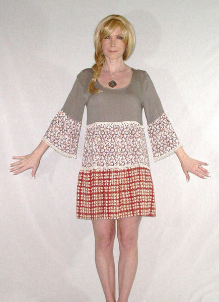 Umgee Peasant Dress Bell Sleeve Patchwork Crochet Trim Boho Mocha Floral Gypsy Print Hippie Mini Dress Scoop Neck Tiered Small Medium Or Large