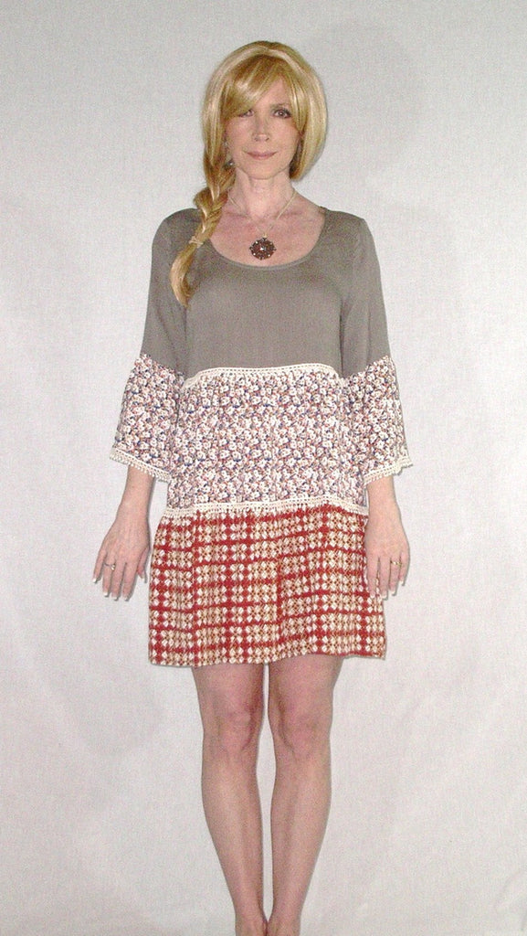 Umgee Peasant Dress Bell Sleeve Patchwork Crochet Trim Boho Mocha Floral Gypsy Print Hippie Mini Dress Scoop Neck Tiered Small Medium Or Large