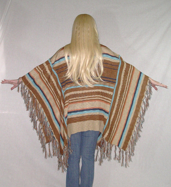 SALE 50% OFF Mexican Blanket Poncho Boho Sweater With Fringe Brown Tan And Turquoise In Sizes XS - Small Or Medium - Large