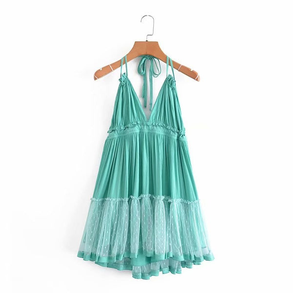 Boho Mini Dress "100 Degree" Availble In 15 Different Colors 4 Floral Prints You Choose Halter Top With Tiered Polka Dot Netting Available In Sizes Small Medium Or Large Free Spirited People