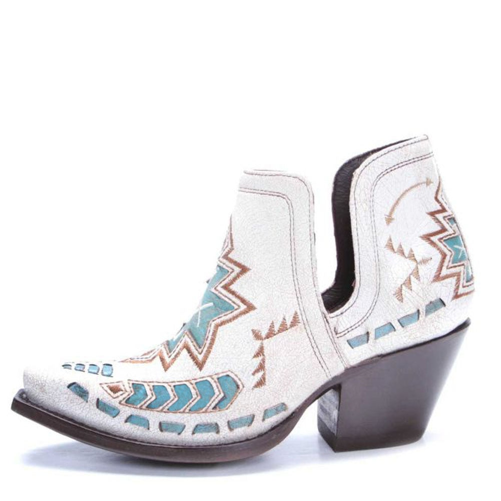 White Bootie Cowboy Boots With Turquoise Aztec Embroidery Slip-On Shorty Ladies Cowgirl Boots In Vegan Leather They Look Great With Jean Shorts!