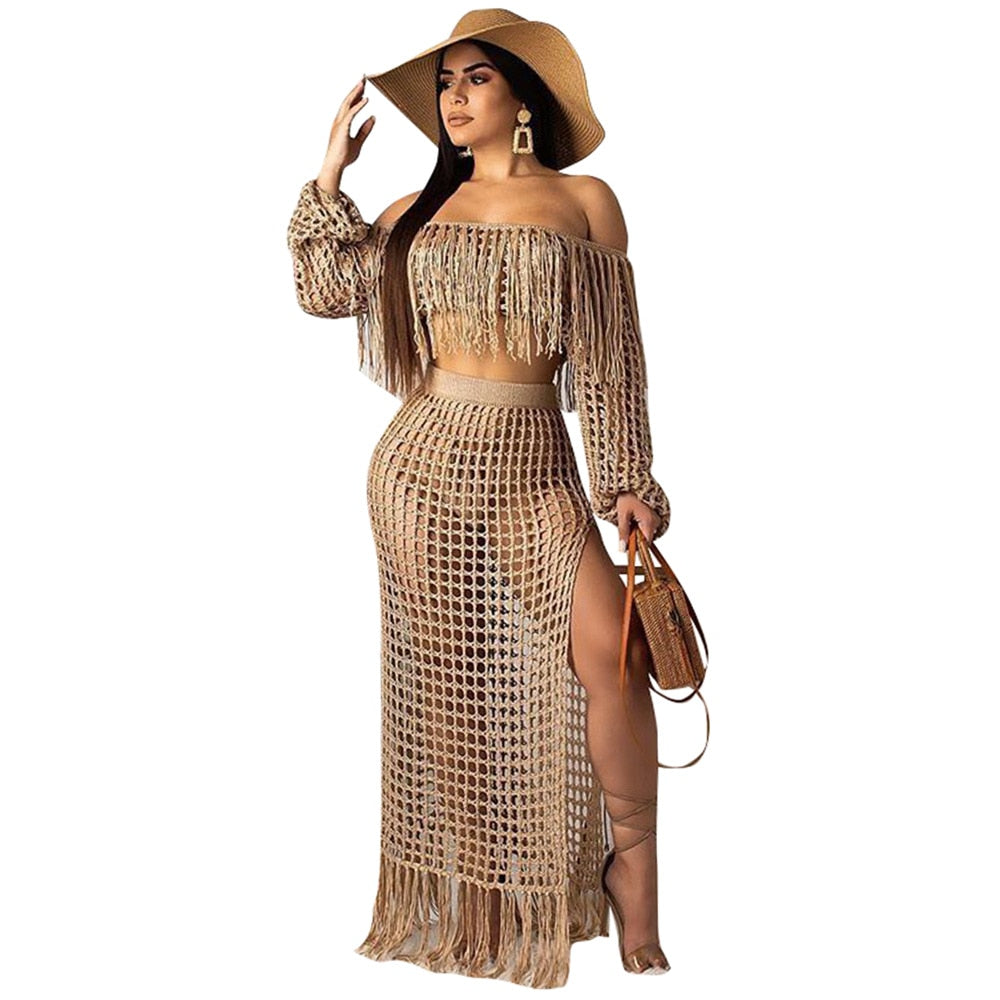 Crochet Fishnet Maxi Skirt Set 6 Different Colors You Choose Off The Shoulder Fringe Top Long Crocheted Skirt With Fringed Hem Available In Small Medium Large XL And Plus Sizes XXL 2X And XXXL 3X