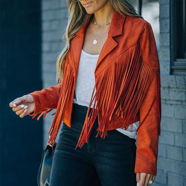 Fringed Vegan Leather Jacket In 6 Different Colors Cropped Suede Boho Winter Coat Motorcyle Biker Rocker Style Black Beige Pink Brick Red White Or Tan Available In Small Medium Large Or XL