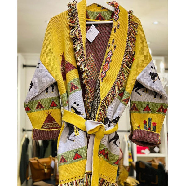 Wild Horses Cashmere Cardigan In 8 Different Colors You Choose Boho Sweater Coat Southwestern Print With Cactus Indians And Teepees Warm Wool Coat Available In Small Medium Or Large