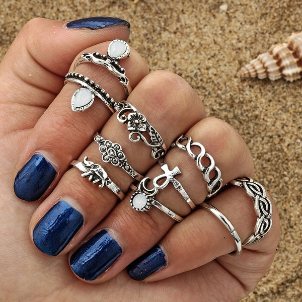 Gypsy Stacking Rings 10 Piece Set Silver White Iridescent Stones Boho Bohemian Every Finger Rings Ankh Elephant Waxing Moon Assorted Sizes