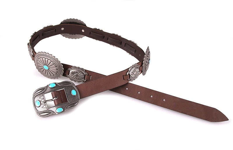 Concho Belt Brown Vegan Leather Silver Turquoise Buckle Cowgirl Western Southwestern Fits 30 - 38 Inches Adjustable Great With Jeans Or Dresses