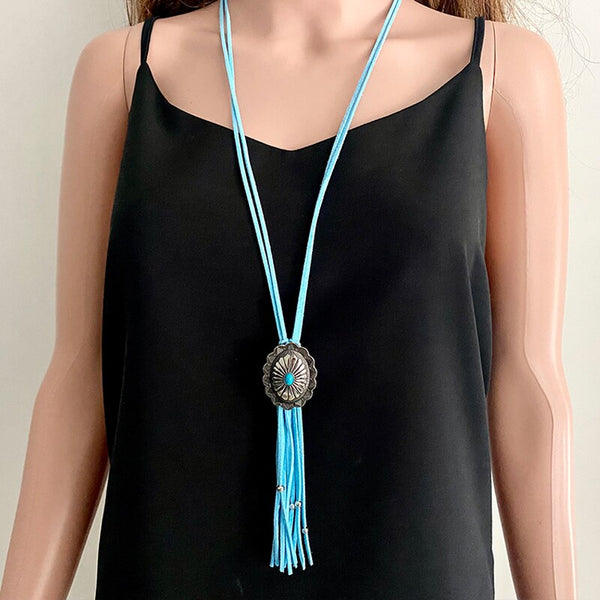 Blue Leather Concho Necklace