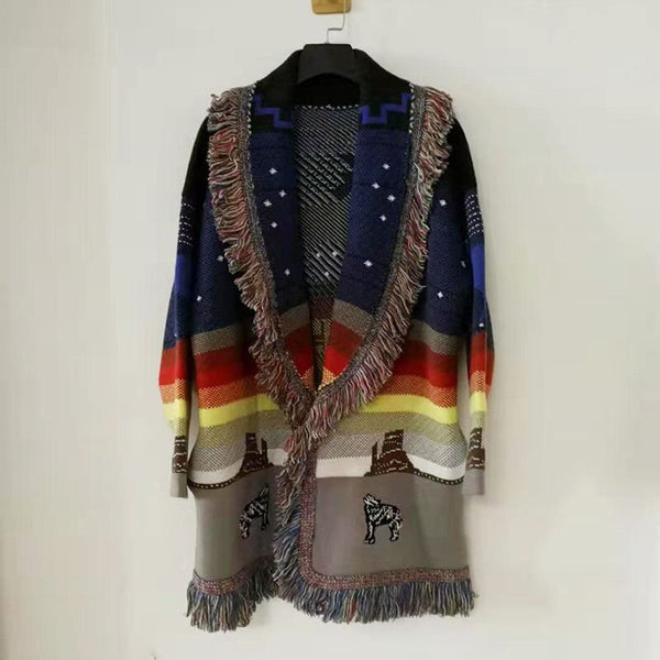 Cashmere Sweater Coat Midnight Desert Scene Fringed Collar Southwestern Cardigan With Plateaus Howling Wolves Painted Desert Tones And Cactus Available In Small Medium Or Large