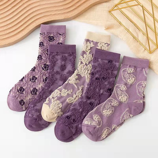 Bohemian Socks 5 Pack Embroidery Lace Flowers 19 Different Styles You Choose Crew Socks Or Short Socks Pink White Purple Lavender Green Beige Brown Blue Gray Unique Boutique Socks