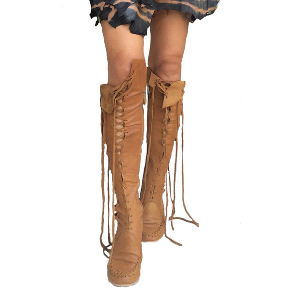 Lace Up Over The Knee Moccasins In Brown Black Red Or Pink Fitted Boots Lace Up Sides And Front Vegan Leather Tribal Native