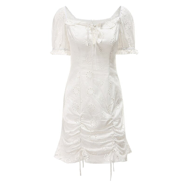 White Eyelet Lace Puff Sleeve Mini Dress Lace Up Square Scoop Neck Ruffle Hem Double Drawstrings For A Perfect Fit Available In Sizes Small Medium Large Or XL