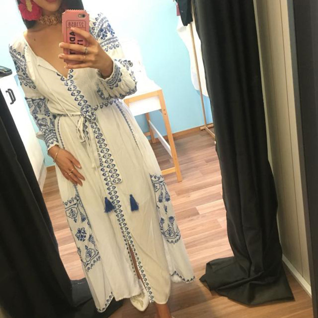 Bahia Maxi Dress White With Blue Embroidery Long Puffed Peasant Sleeve Made4Walkin Bahia Maxi Dress White With Blue Embroidery Long Puffed Peasant Sleeve Made4Walkin