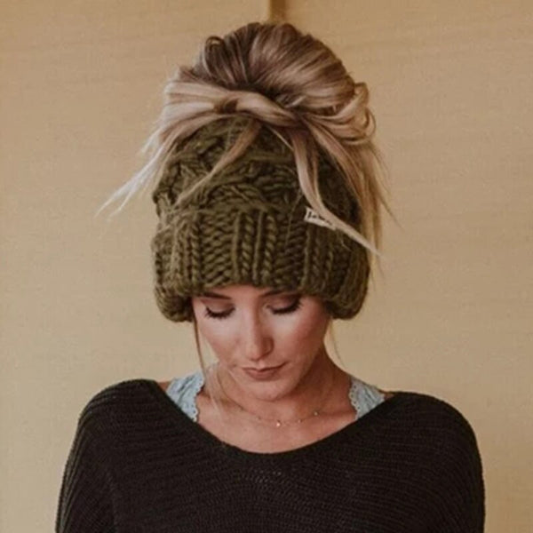 Beanie With Ponytail Or Messy Bun Hole 6 Different Colors You Choose Warm Winter Stocking Cap Hat White Army Green Gray Brown Mustard Yellow Or Pink