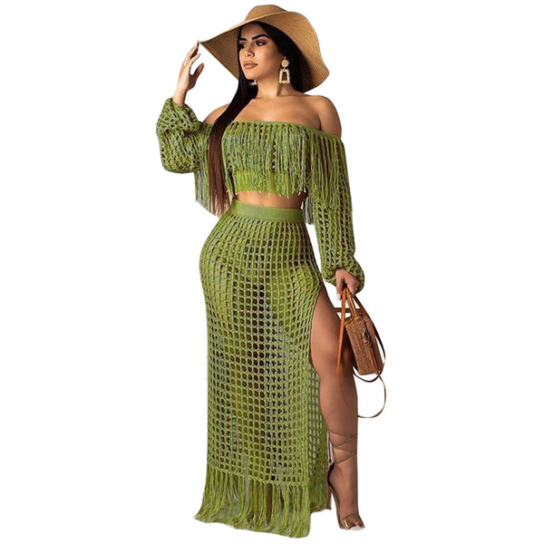 Crochet Fishnet Maxi Skirt Set 6 Different Colors You Choose Off The Shoulder Fringe Top Long Crocheted Skirt With Fringed Hem Available In Small Medium Large XL And Plus Sizes XXL 2X And XXXL 3X