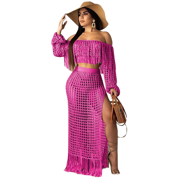 Crochet Fishnet Maxi Skirt Set 6 Different Colors You Choose Off The Shoulder Fringe Top Long Crocheted Skirt With Fringed Hem Available In Small Medium Large XL And Plus Sizes XXL 2X And XXXL 3X