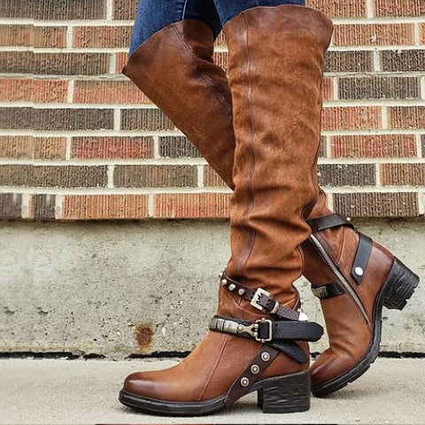 Over The Knee Riding Boots In Brown Black Or Red Knee High Boho Biker Chick Boots Studded Ankle Straps And Buckles Available In Sizes 5 - 10.5