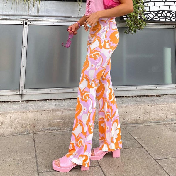 Flower Power Bell Bottoms Groovy Pink Orange White Floral Print High Waist Stretch Hippie Flare Pants Available In Small Medium Or Large