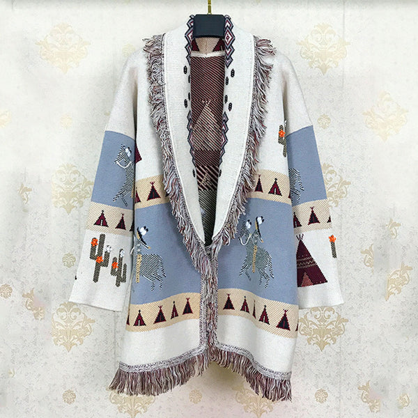 Wild Horses Cashmere Cardigan In 8 Different Colors You Choose Boho Sweater Coat Southwestern Print With Cactus Indians And Teepees Warm Wool Coat Available In Small Medium Or Large