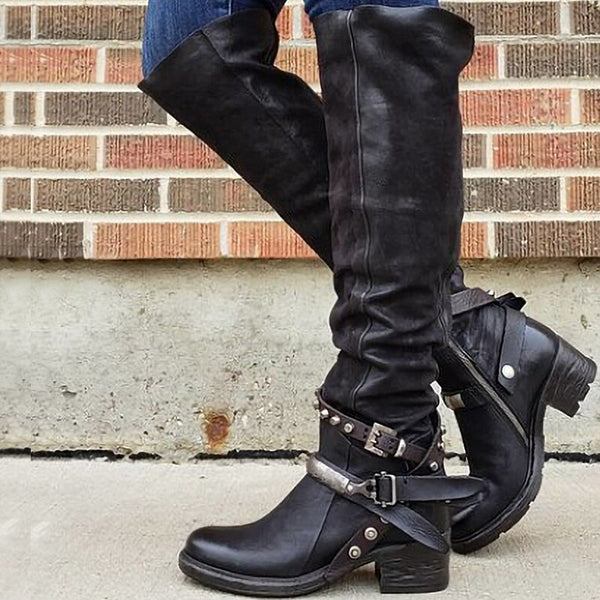 Over The Knee Riding Boots In Brown Black Or Red Knee High Boho Biker Chick Boots Studded Ankle Straps And Buckles Available In Sizes 5 - 10.5