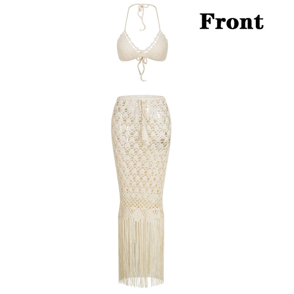 Crochet Maxi Skirt & Bikini Top Set Beige Or Black Handmade Crocheted Long Skirt With Fringe Matching Halter Perfect For Island Vacations Beaches And Cruises Available In Sizes XS Small Medium Or Large
