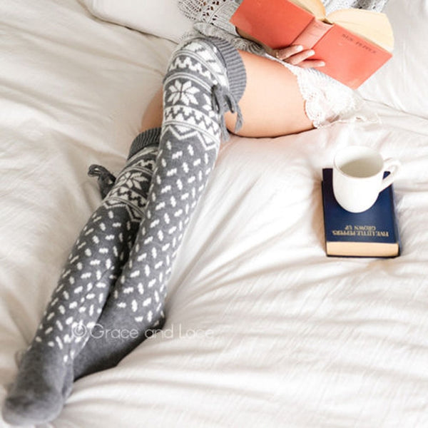 Thigh High Alpine Socks Snowflake Pattern Gray & White Or Red & White You Choose Tie Top Stay Up Over The Knee Boot Socks Make A Great Christmas Present!