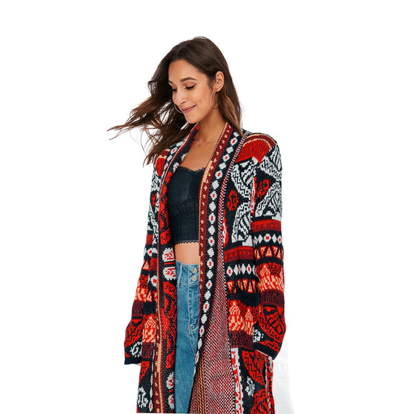 Boho Sweater Duster Turquoise Red Or Yellow Tribal Print Long Open Front Cardigan With Fringe Maxi Sweater Coat Available In Sizes Medium Large Or XL