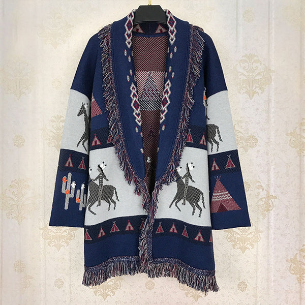 Wild Horses Cashmere Cardigan In 8 Different Colors You Choose Boho Sweater Coat Southwestern Print With Cactus Indians And Teepees Warm Wool Coat Available In Small Medium Or Large