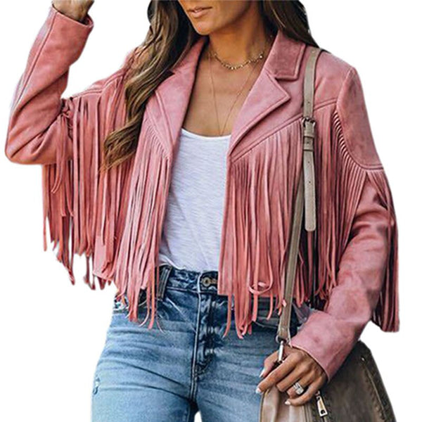 Fringed Vegan Leather Jacket In 6 Different Colors Cropped Suede Boho Winter Coat Motorcyle Biker Rocker Style Black Beige Pink Brick Red White Or Tan Available In Small Medium Large Or XL