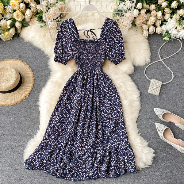 Puff Sleeve Midi Dress Bohemian Floral Print In 8 Different Colors You Choose Tiny Flowers Print Square Smocked Bust Ruffled Hem White Black Pink Blue Yellow Purple Green  Beige Red One Size