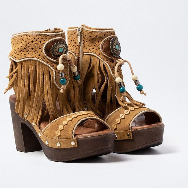 Platform Boot Sandals In 3 Different Colors With Fringe Silver Conchos And Turquoise Wooden Beads Vegan Leather Boho Booties Tan Taupe Or Champagne Pink