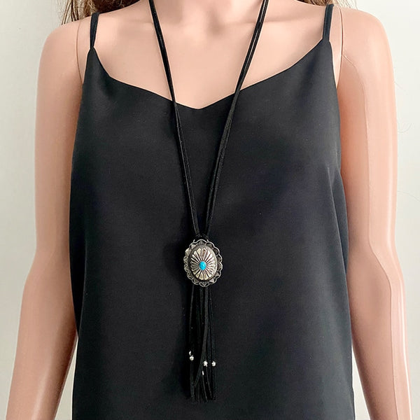 Black Leather Concho Necklace