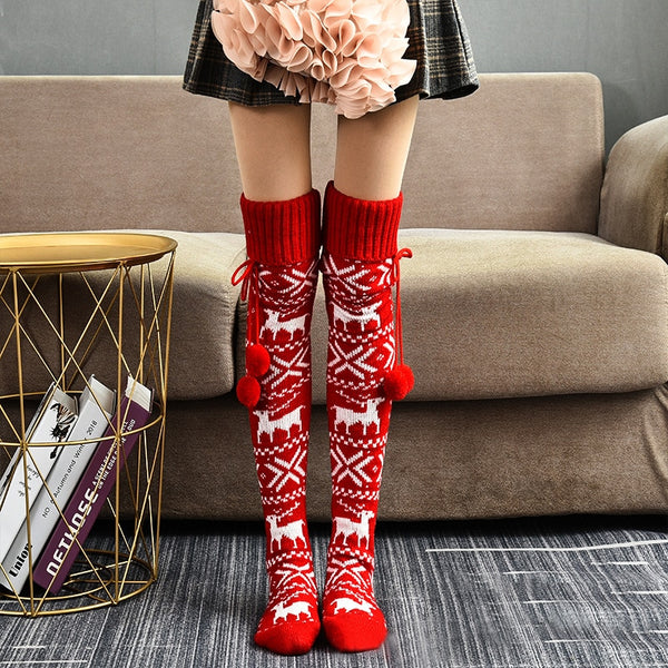 Thigh High Alpine Socks Snowflake Pattern Gray & White Or Red & White You Choose Tie Top Stay Up Over The Knee Boot Socks Make A Great Christmas Present!