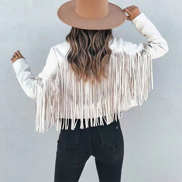 Fringed Vegan Leather Jacket In 6 Different Colors Cropped Suede Boho Winter Coat Motorcyle Biker Rocker Style Black Beige Pink Brick Red White Or Tan Available In Small Medium Large Or XL