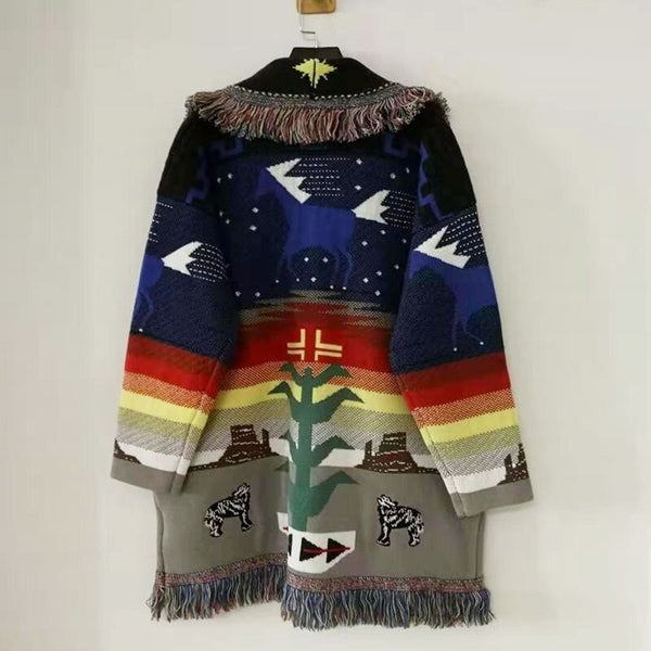 Cashmere Sweater Coat Midnight Desert Scene Fringed Collar Southwestern Cardigan With Plateaus Howling Wolves Painted Desert Tones And Cactus Available In Small Medium Or Large