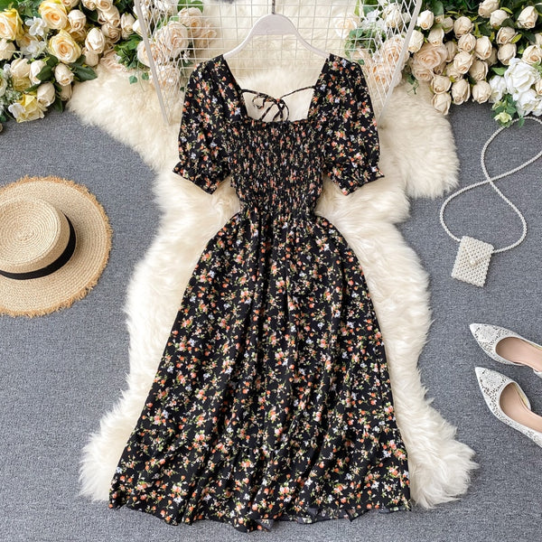 Puff Sleeve Midi Dress Bohemian Floral Print In 8 Different Colors You Choose Tiny Flowers Print Square Smocked Bust Ruffled Hem White Black Pink Blue Yellow Purple Green  Beige Red One Size