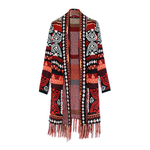 Boho Sweater Duster Turquoise Red Or Yellow Tribal Print Long Open Front Cardigan With Fringe Maxi Sweater Coat Available In Sizes Medium Large Or XL