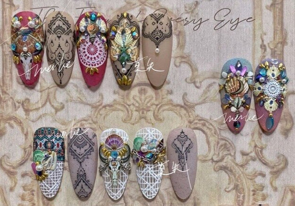 Longhorn Nail Decals 6 Different Styles Southwestern Buffalo Skull With White Henna Mandalas Sea Shells Crescent Moons Lace Boho Nail Stickers Bohemian Water Slide Decals Nail Art