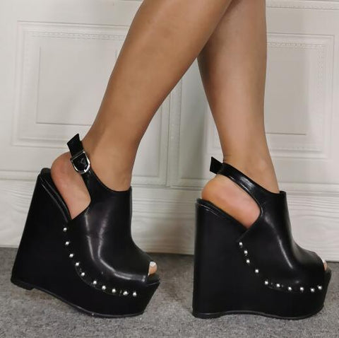 Black Peep Toe Wedge Platform Shoes Buckle Strap Boho Hippie Platforms Great With Bell Bottoms Available In Womens Sizes 5 - 13 Half Sizes Too