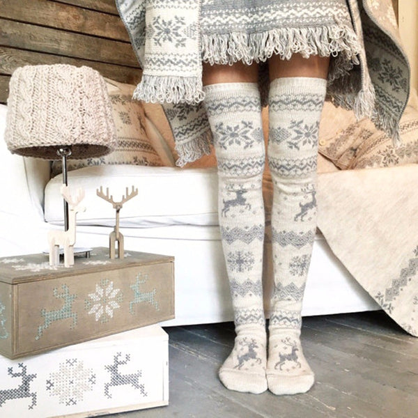 Gray & White Reindeer Snowflake Alpine Pattern Over The Knee Boot Socks Thick Warm Winter Elk Thigh High Stockings They Make A Great Christmas Present!