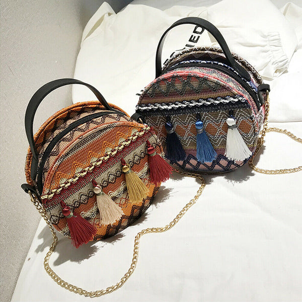 Boho Canteen Purse With Tassels Blue Or Gold You Choose Ethnic Print Round Over The Shoulder Crossbody Bag With Gold Chain Strap Bohemian Messenger Handbag