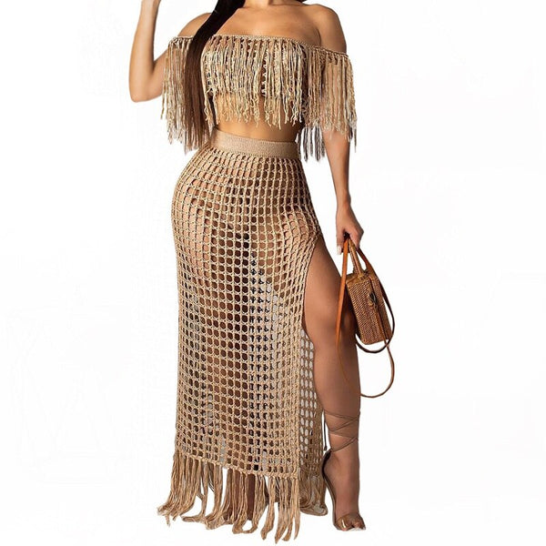 Beige Crochet Maxi Skirt Set