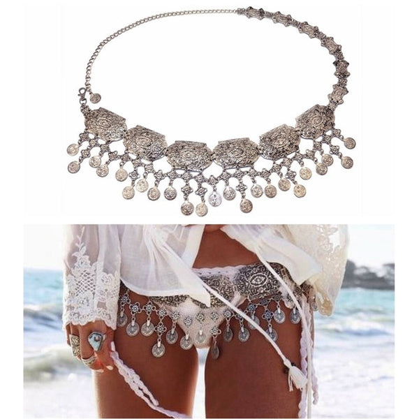 Gypsy Coin Belt Silver Boho Belly Chain Large Conchos Waterfall Dangling Coins Gipsy Bikini Body Jewelry Bohemian Waist Decoration Festival Accessory