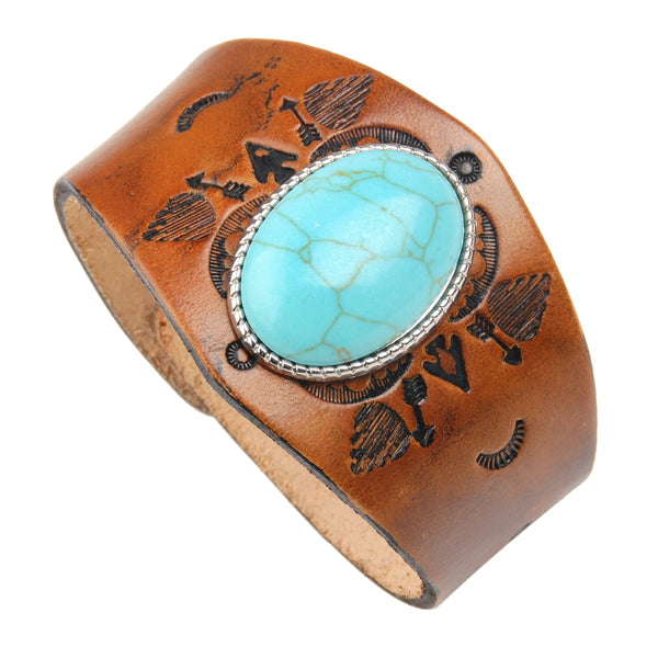 Mens Tooled Leather Turquoise Bracelet